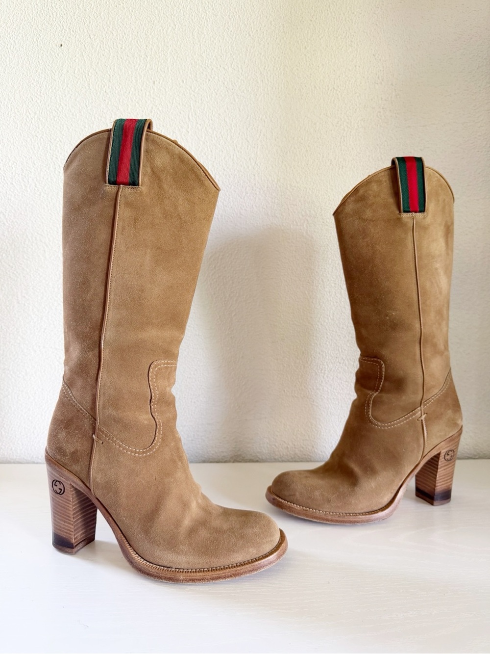 Gucci Tan Suede Western Cowboy Boots Web Stripe GG Heel Size EU 35.5